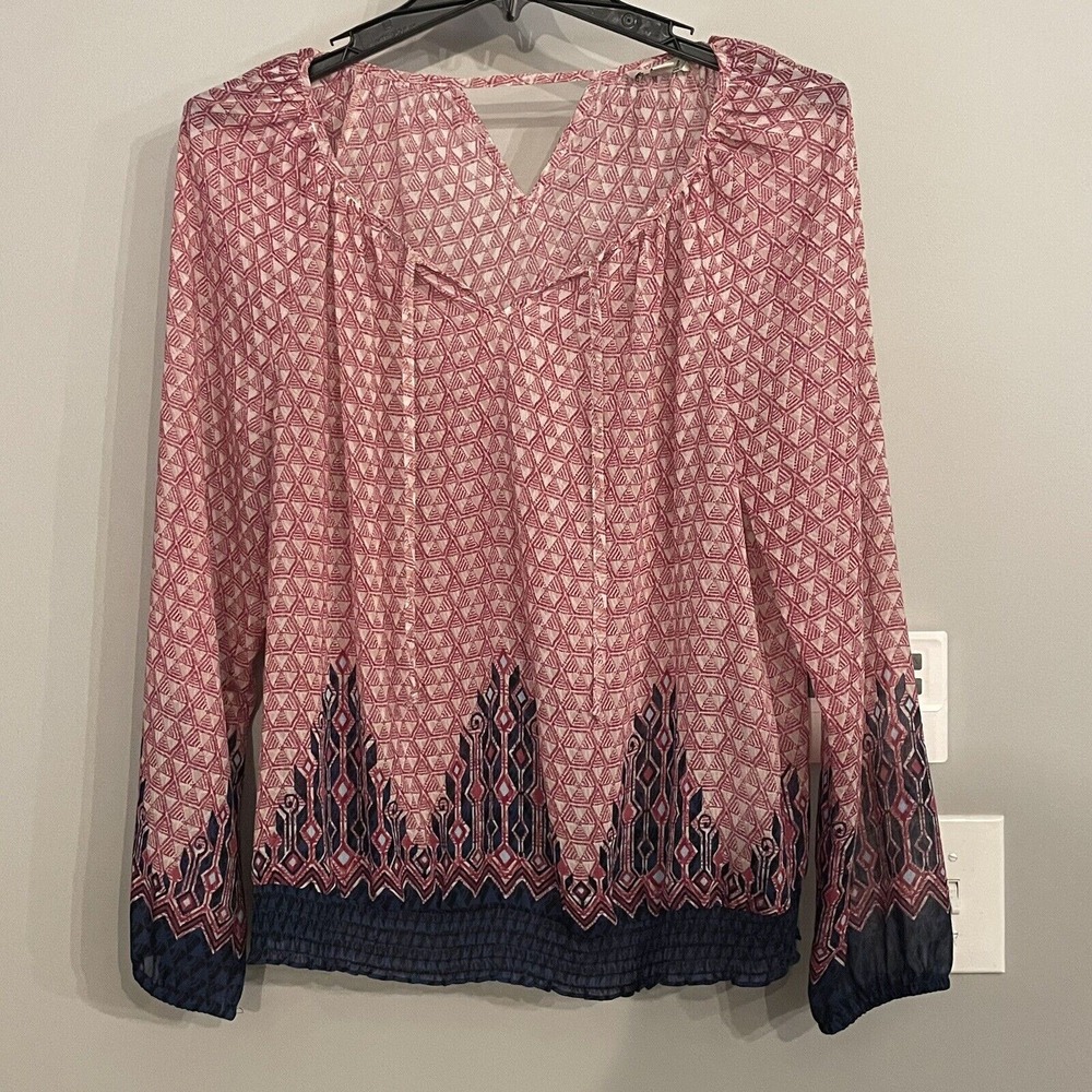 Lucky Brand Top Long Sleeve Blouse V Neck Tie Semi Sheer Peasant‎ Size 1X Boho